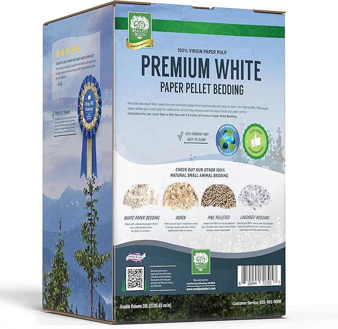 Small Pet Select - Premium White Small Animal Pellet Bedding for Rabbit, Hamster & Guinea Pig Cages and Litter Pans - Lightweight & Odor Controlling Paper Pellets Safe for Small Animals - 35L
