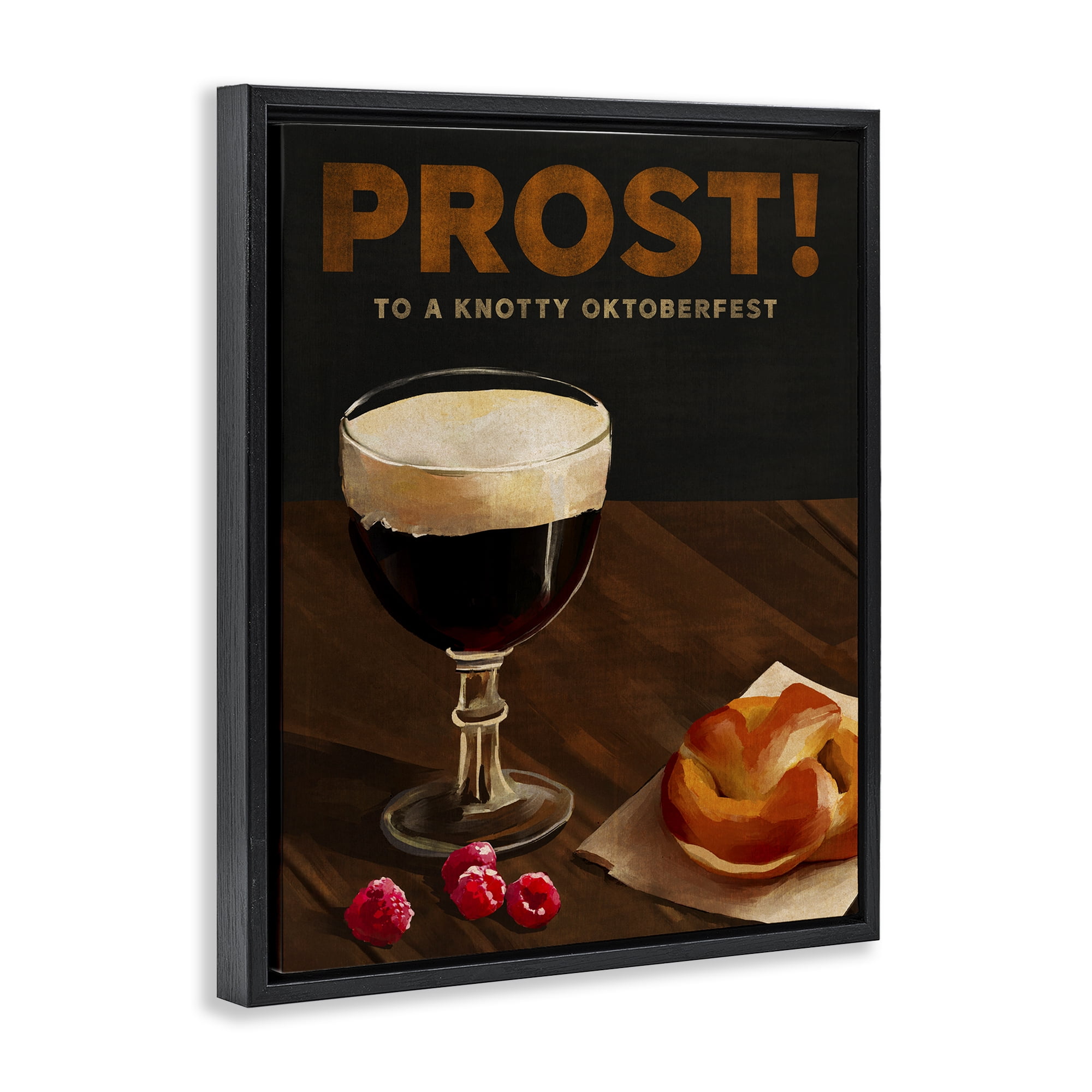 Stupell Industries Prost Beer & Pretzel Food & Beverage Painting Black Floater Framed Canvas Art Print Wall Art, 17 x 21