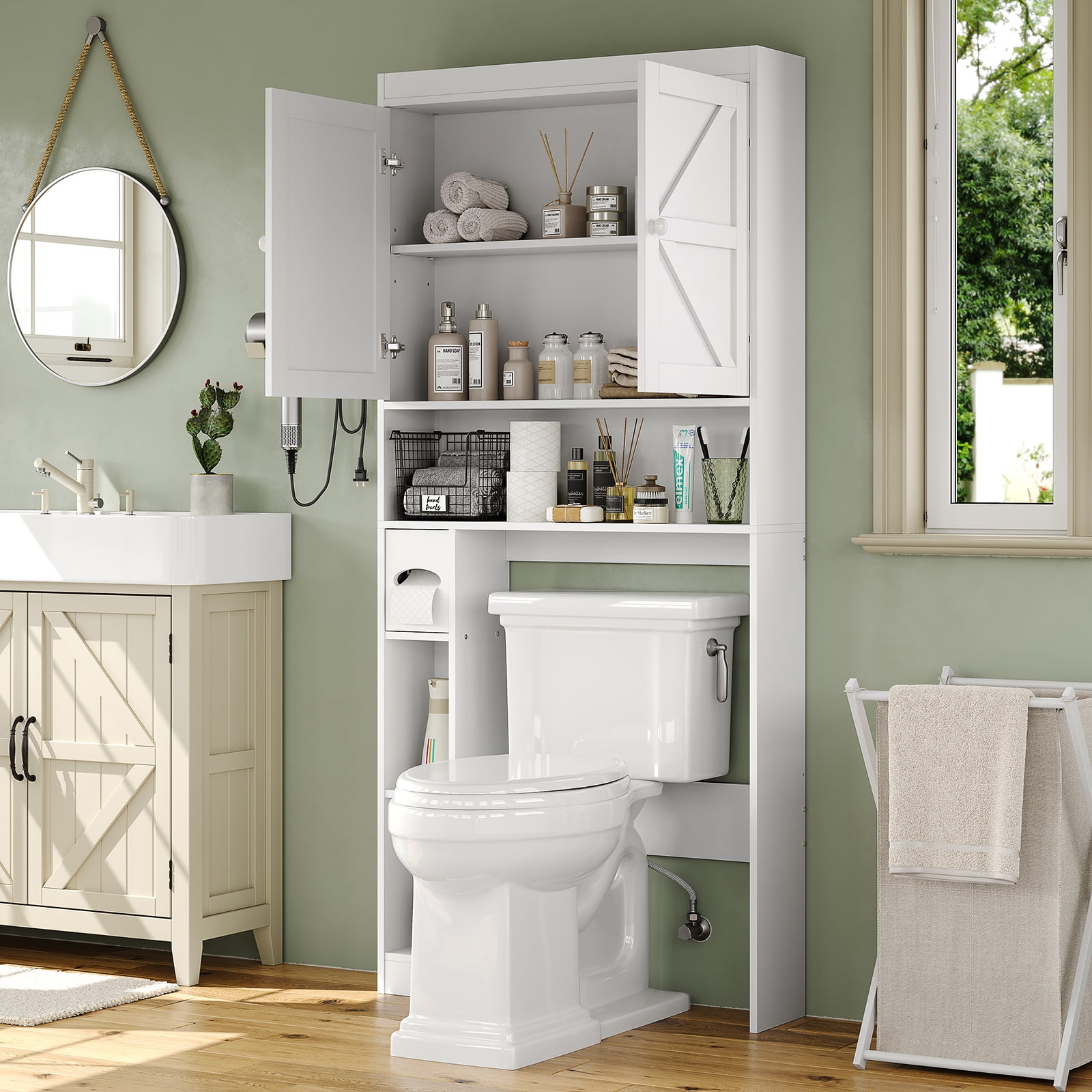 Furnihold Over The Toilet Storage Cabinet with Barn Doors, 32.3''W Farmhouse Bathroom Over Toilet Shelf Space Saver with Toilet Paper Holder, White
