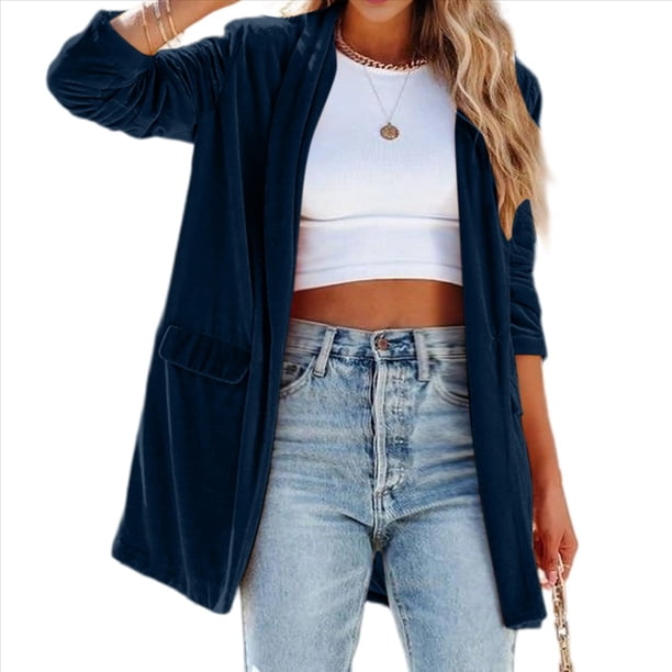 Cárdigan de Terciopelo de Larga para Mujer, Cuello de Solapa, Abertura Frontal, Suéter Vintage con Bolsillo. Azul Marino XL