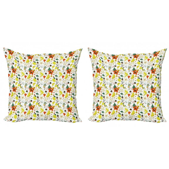 Ambesonne Floral Throw Pillow Cover 2 Pack, Spring Lemons Leaves, 16", Red Yellow Forest Green