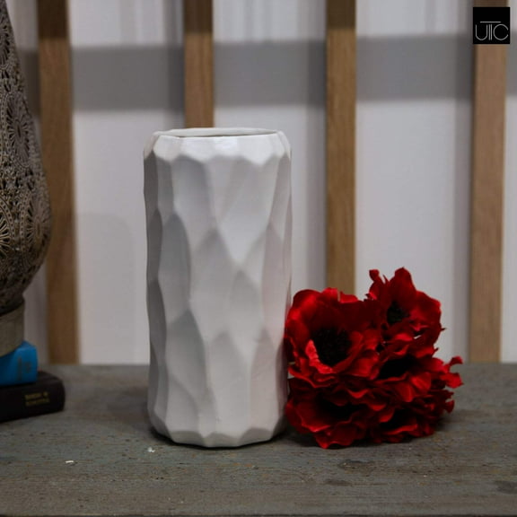 Ceramic Short Wide Cylindrical Vase with Embossed Irregular Pattern Design Body Matte Finish White
