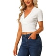 thumbnail image 4 of INSPIRE CHIC Women's Deep V Neck Short Sleeve Cross Wrap Ribbed Crop Tops, 4 of 5