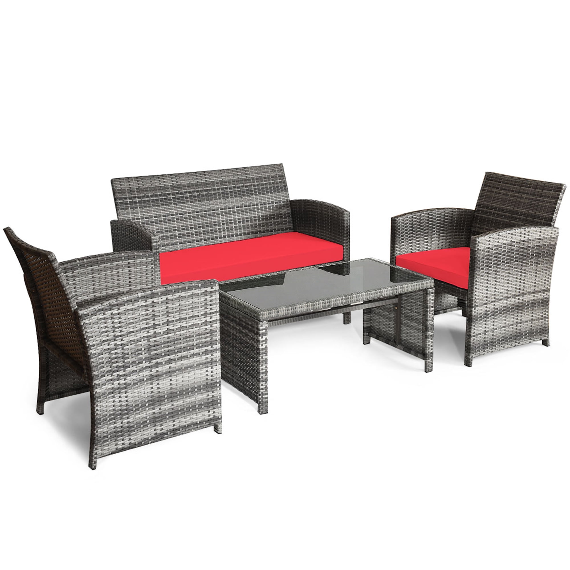 Costway 4PCS Patio Rattan Conversation Glass Table Top Cushioned Sofa Red