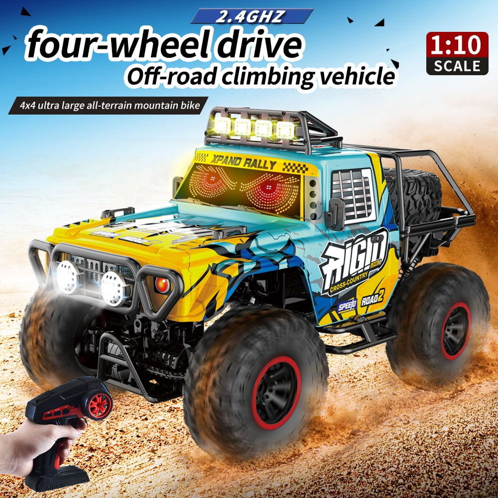 HNH 1:10 Rock Crawler with LED Screen, off-Road Remote Control Car for Kids, 4WD Rc Car Monster Truck with 2 Batteries