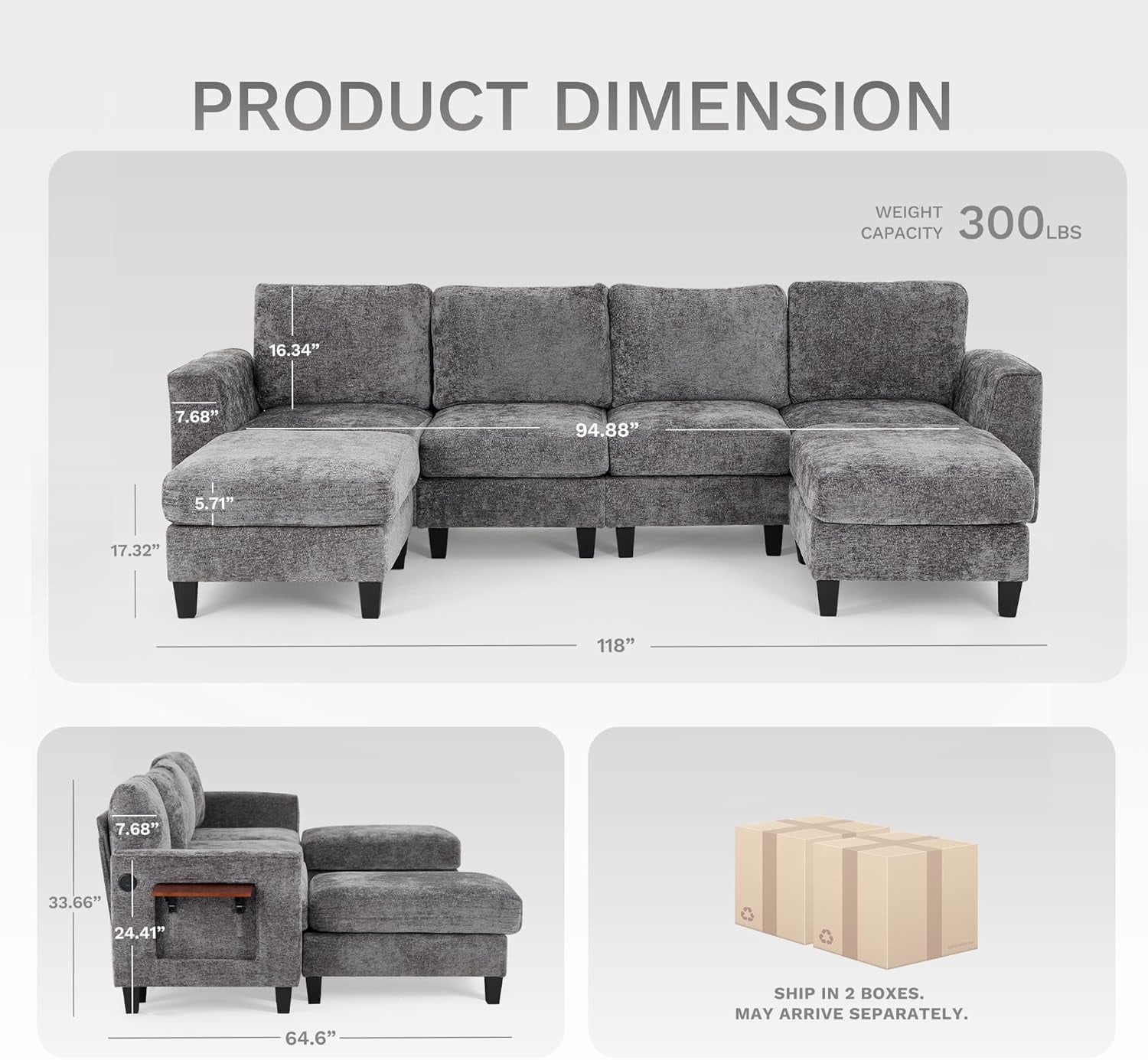 118" U Shaped Sectional Couches,4 Seat Modular Sofa with 2 Ottoman and Foldable Side Table for Living Room, Grey