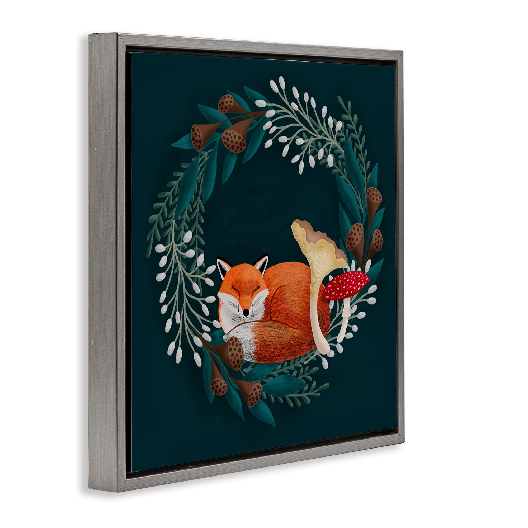 Sleepy Fox in Botanical Wreath Gray Framed Floater Canvas Wall Art, design by Metka Hiti