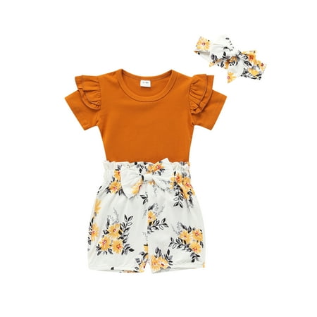 

Suanret Toddler Kids Girls 3Pcs Clothes Sets Ruffle Short Sleeve Round Neck Tops + Flower Print Shorts + Headband Brown 18-24 Months