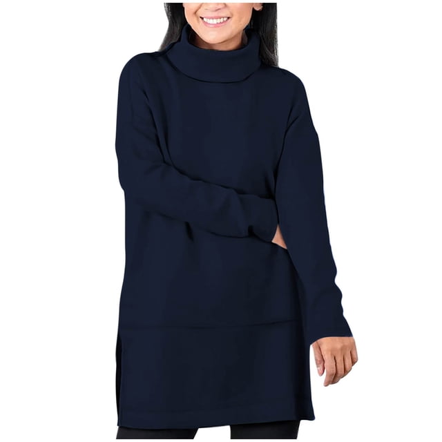 aidice Hauts Grande Taille pour Femmes Col Haut Manches Longues Chemises Amples Taille Fendue Automne Hiver