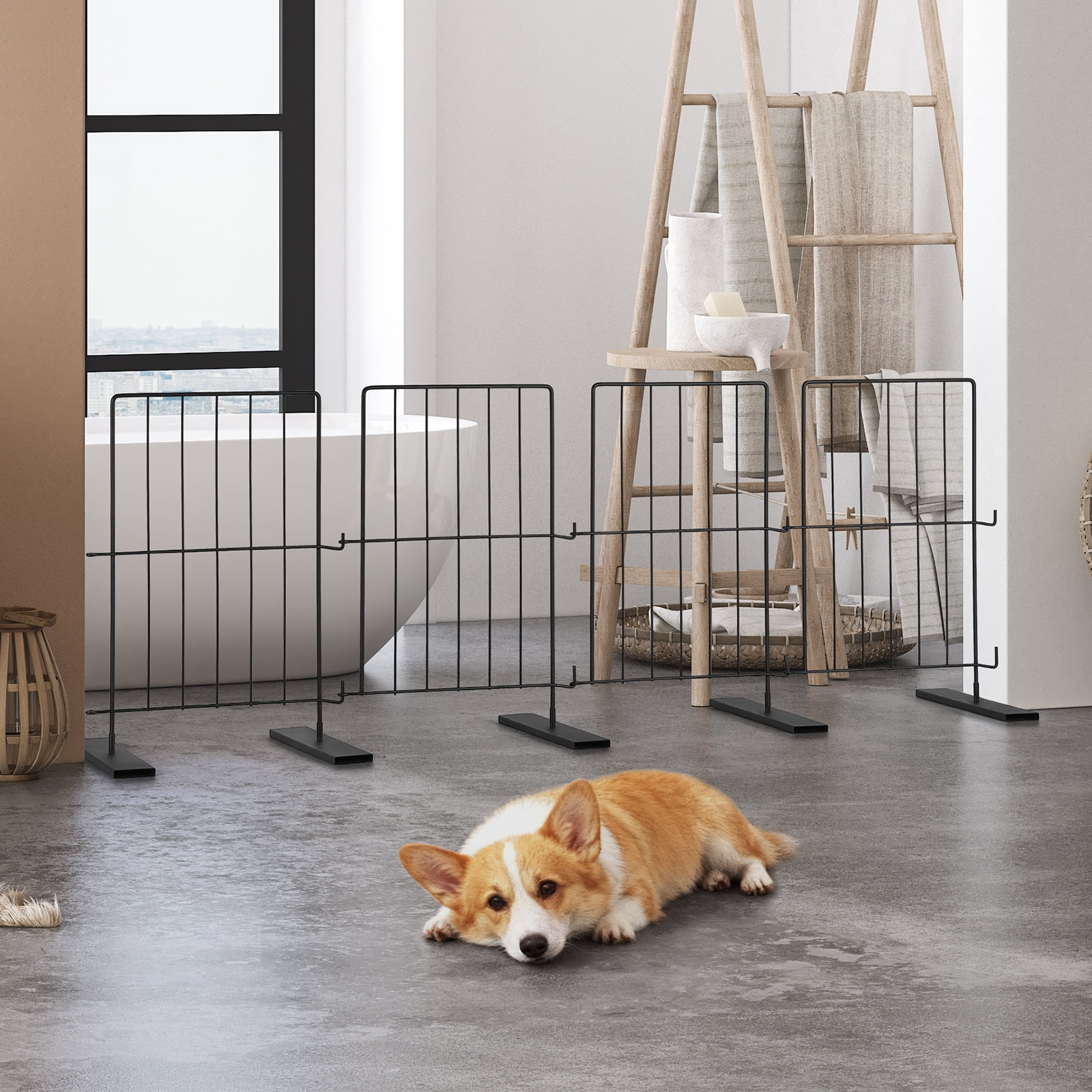Black Pet Gate for Stairs - 4-Panel Freestanding Dog Fence, Expandable Cat Barrier with Anti-Escape Design, Drill-Free Installation for Home
