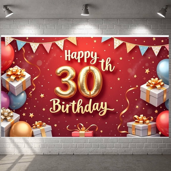Gold Balloon 30th Birthday Banner Gift Box Display Colorful Balloons Red Background Birthday Celebration Background for 30th Birthday Party Adult Celebration Indoor Decoration