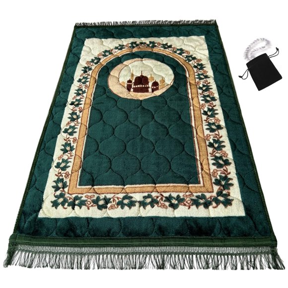 Tapis de Prière Musulman - Tapis de Prière Très Épais Sajadah pour Hommes Femmes avec Perles de Prière Islamiques pour Eid Voyage Ramadan, Doux et Luxueux (Vert)