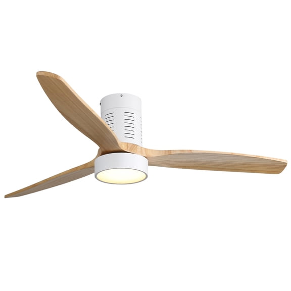 Sofucor 52 Inch Flush Mount Ceiling Fan with LED Light, Matte White Low Profile Ceiling Fan, 3 Solid Natural Wood Blades