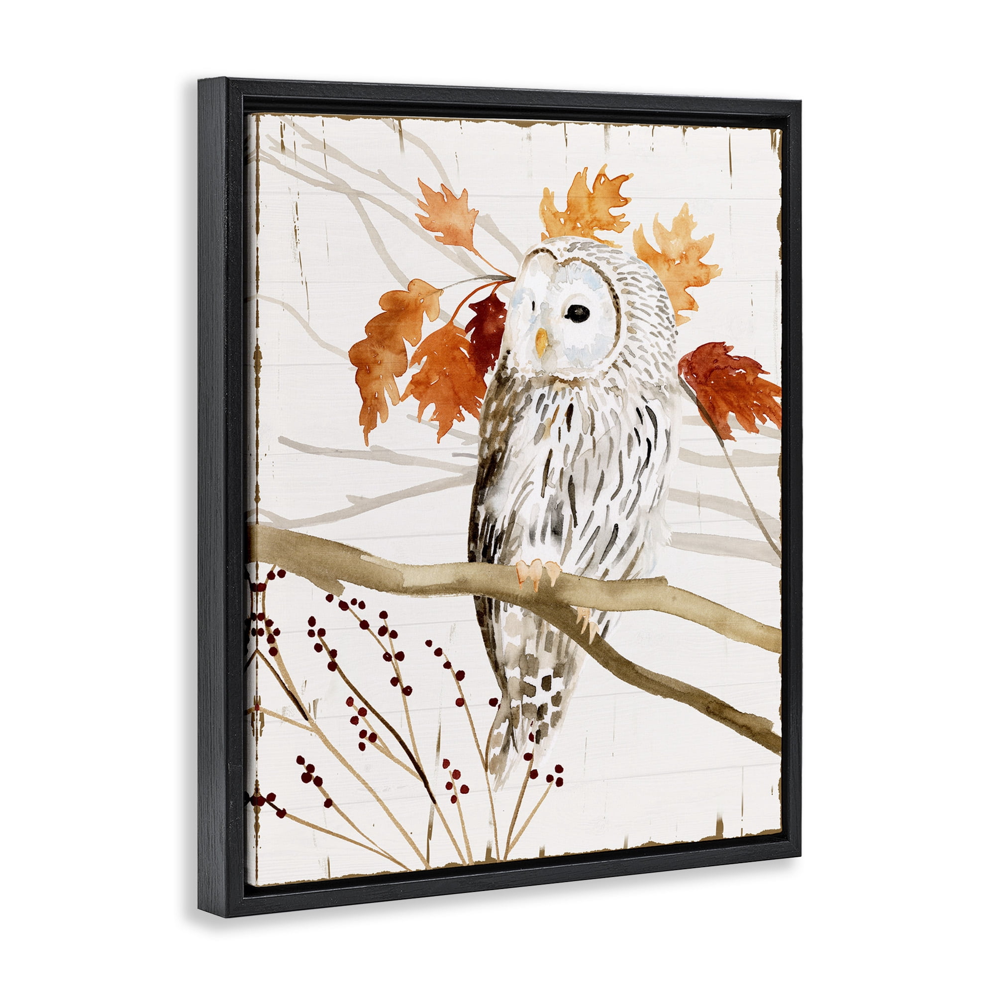 Stupell Industries Owl In Autumnal Forest Animals & Insects Painting Black Floater Framed Canvas Art Print Wall Art, 25 x 31