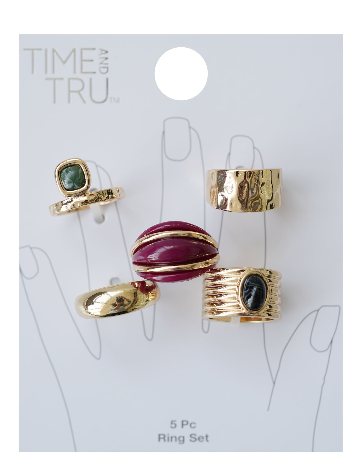 Time and Tru Women’s Resin and Metal Ring Set, 5-Piece, Gold-Tone