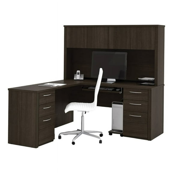 Pemberly Row 66" Traditional Wood L Shaped Computer Desk with Hutch in Chocolate
