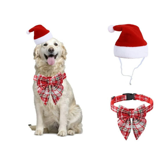 2PC Dog Christmas Costume Set, Christmas Pets Collar Buckle and Hat for Cats Small Medium Large Dogs Red White S