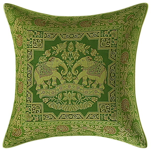 Stylo Culture Ethnic Boho Brocade Olive Green And Gold Throw Pillow Covers 16x16 Jacquard Weave Banarsi Sofa Decorative Pillow Covers For Couch Elephant Floral 40x40 cm Cushion Covers (1 Pc)