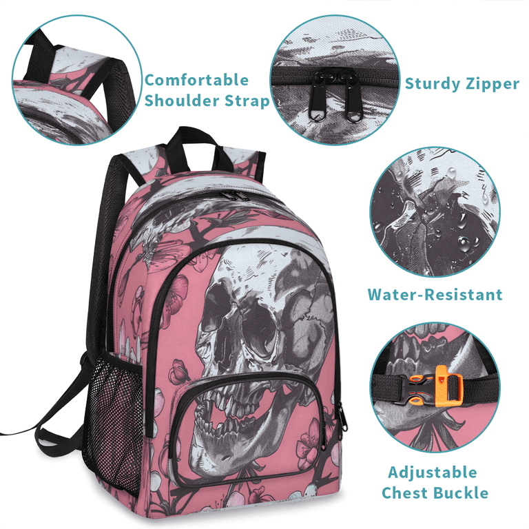 Jiaoprinted Skull Cherry Blossoms Backpack, Large Gothic Skull