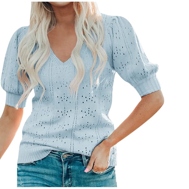 Suéter de manga corta con cuello en V y media manga para mujer Fridja ghk6541
