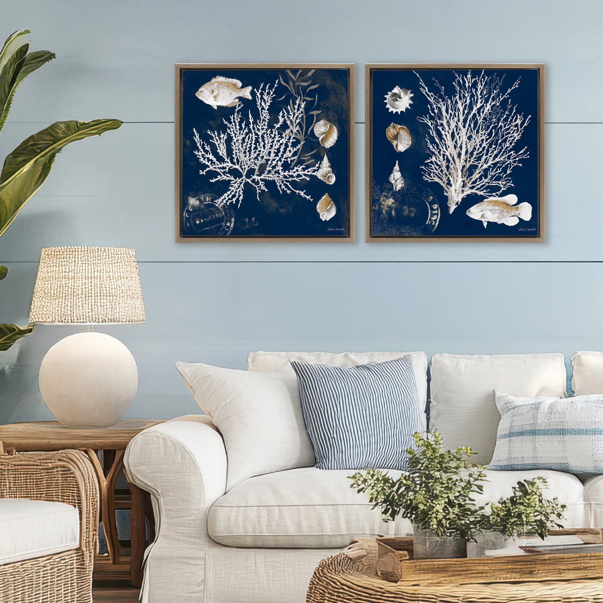 Stupell Industries Navy Coral Medley 2 Piece Brown Framed Floater Canvas Set, design by Lanie Loreth