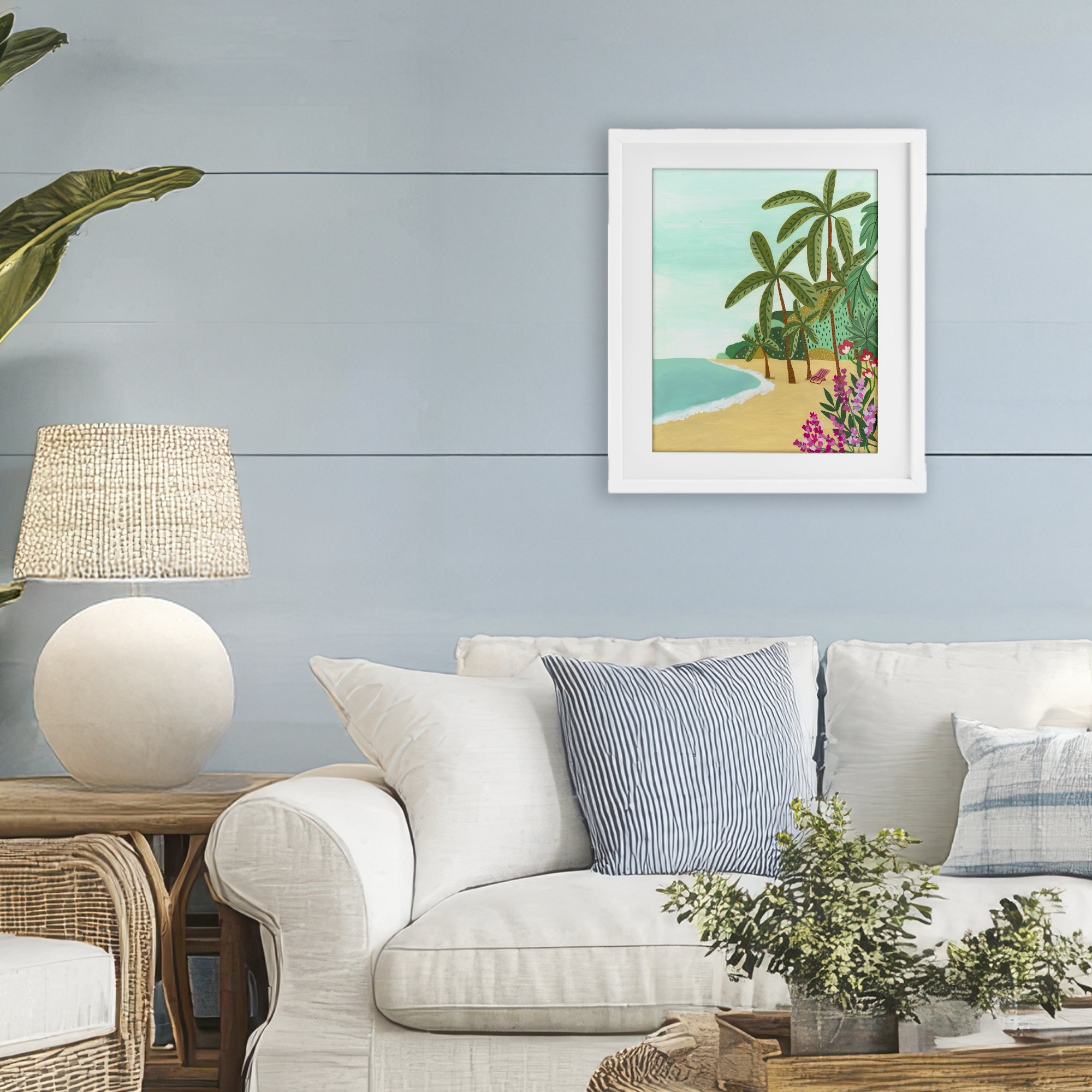 Palm Filled Shoreline White Framed Print Under Glass, design by Nabeela Rumi