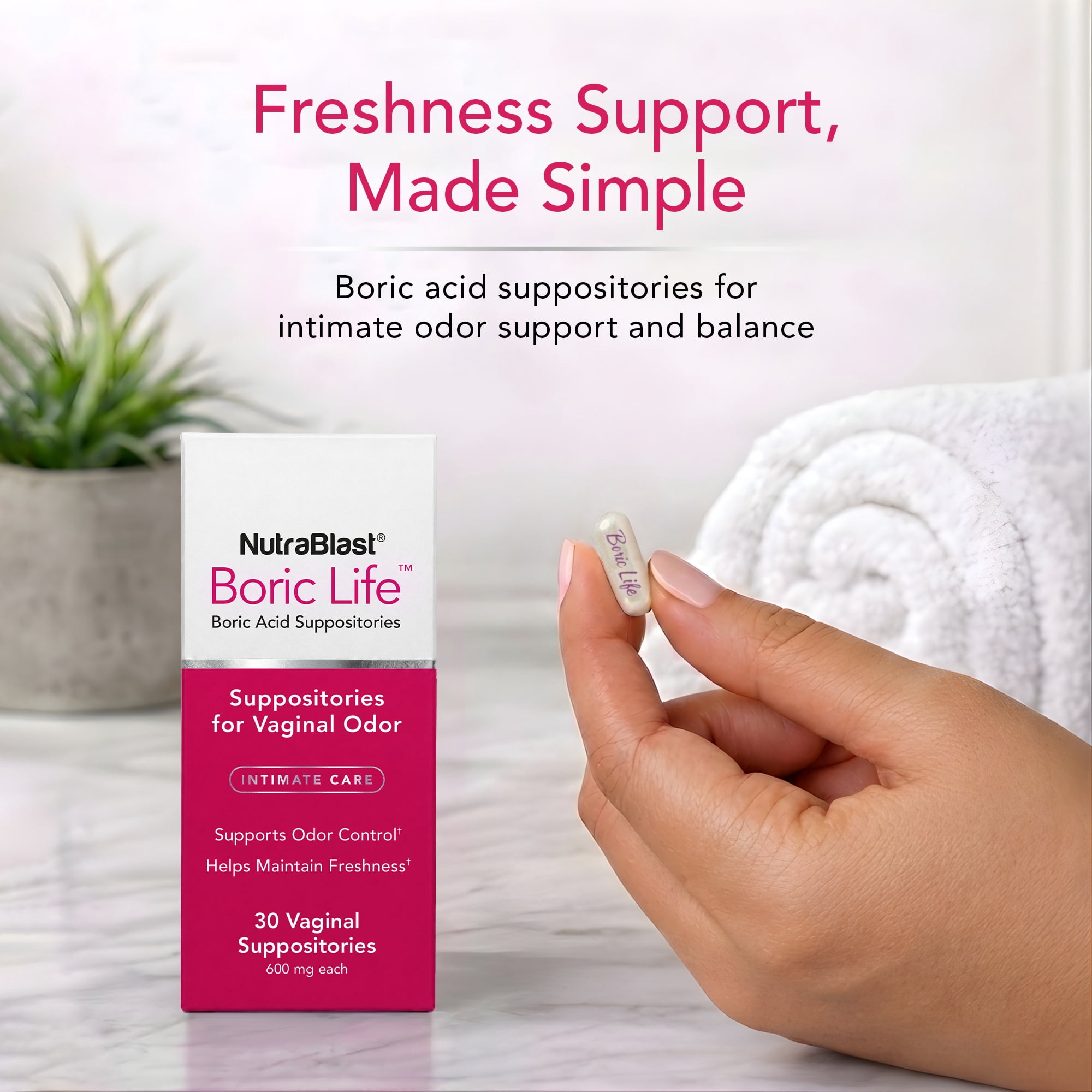 NutraBlast Boric Life Boric Acid Vaginal Suppositories 600 mg, 30 Count for Odor Control
