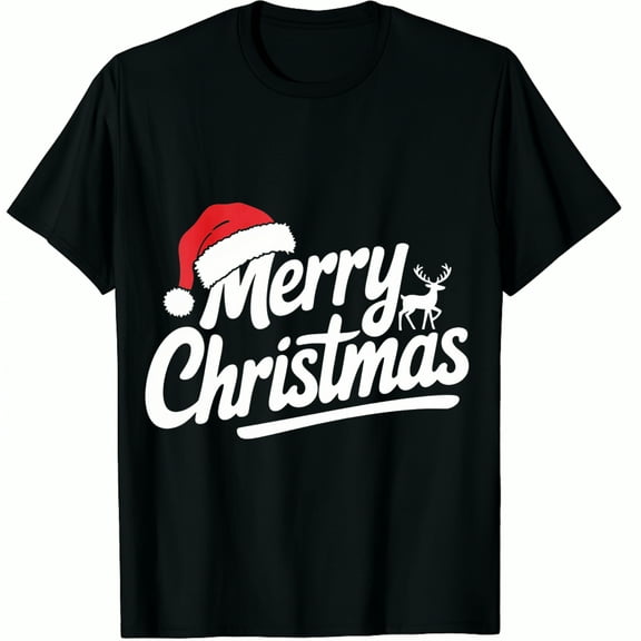 Christmas Hat Merry Reindeer Print Holiday Party Wear Black Graphic T-Shirt for Men and Women