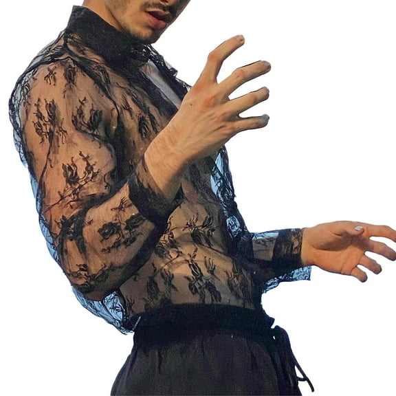 Wyobmus Men Women See Through Shirts Casual Long Sleeve Tops Night Club FishneT-Shirt Lace Shirt Black