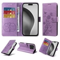 Designed for iPhone 16 Pro Max Case Wallet,Women Flip Folio Cover with Butterfly & Flower Embossed PU Leather Stand Credit Card Holders Slots Wrist Strap Shockproof Phone Case,Purple