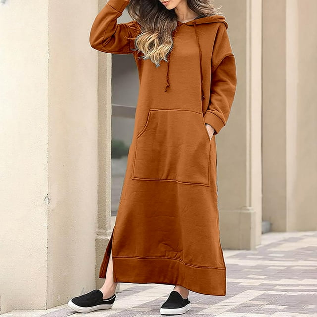 Fankiway Robe Longue d'Hiver à Manches Longues et Col Rond pour Femmes, Couleur Chaude, avec Poches, Grande Taille, Liquidation