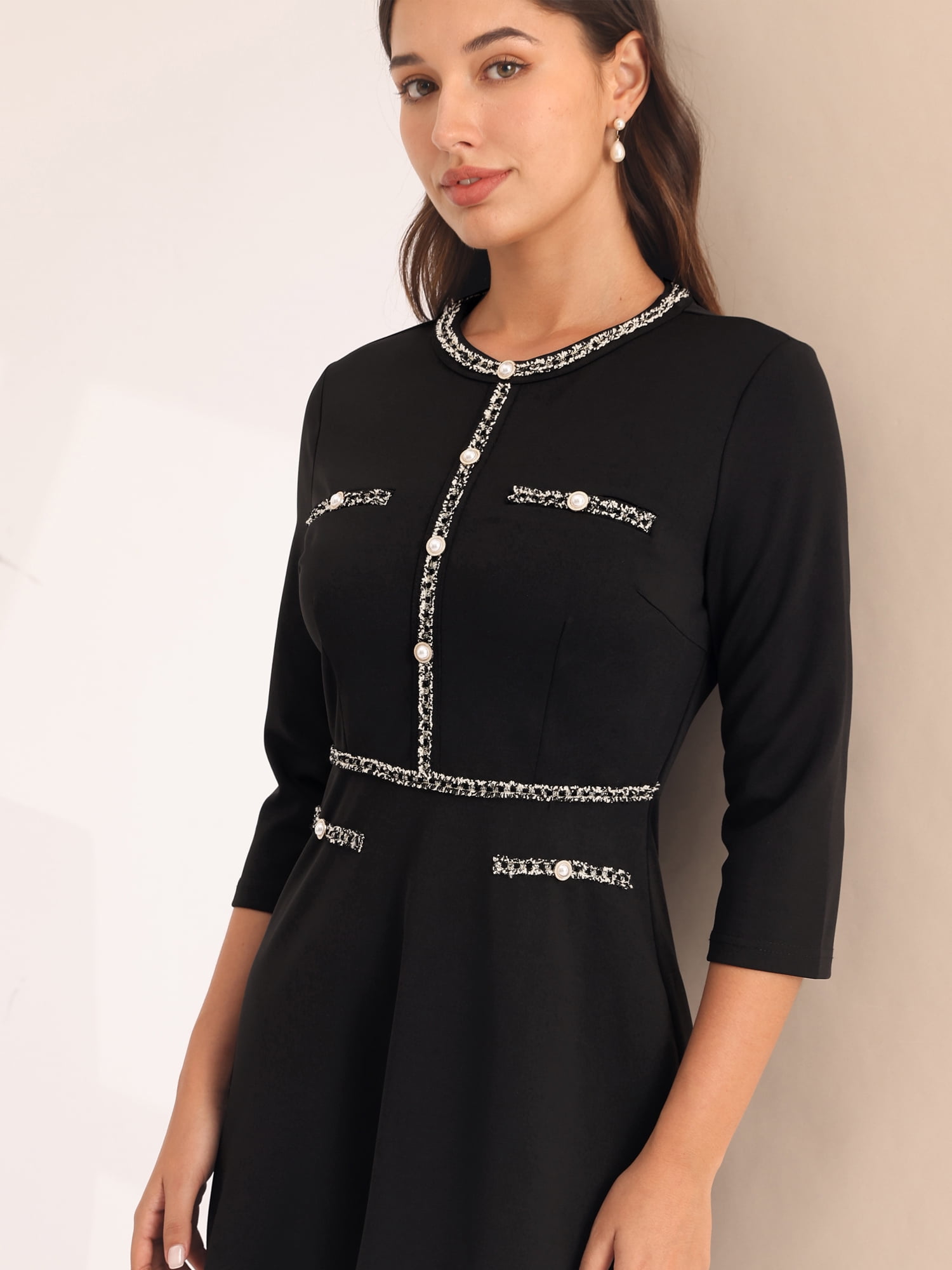 DARING DIVA Women's A-Line Contrast Color Tweed Trim Dress L Black