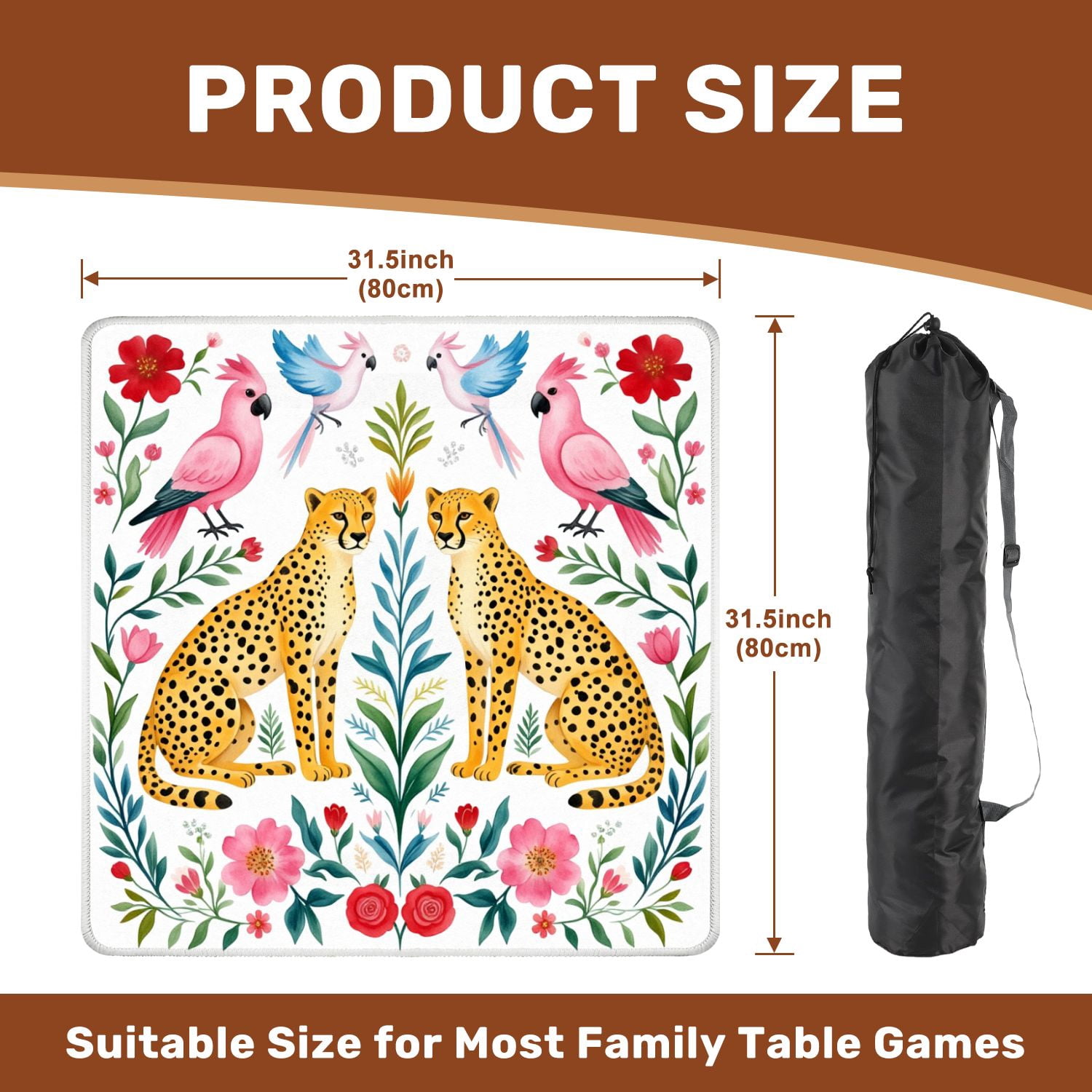 Mahjong Mat 31.5" x 31.5" Symmetrical Wildlife Cheetahs Pink Blue Parrots Vibrant Floral Non-Slip Noise Reduction American Mahjong Tiles Table Cover for Dominoes Poker Card Board Games Gift