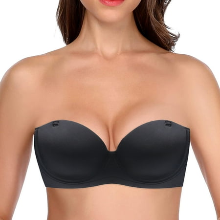 

CLZOUD Comfy Bra Black Nylon Spandex Ladies Push Up Strapless Adhesive Bra Deep U Shape Backless Bra S