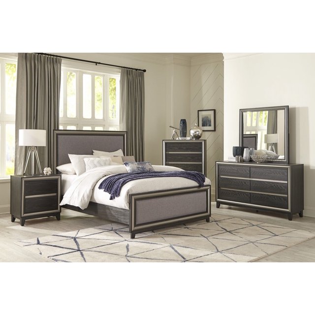 Ensemble de Meubles de Chambre Moderne 4 Pcs Lit Très Grand Table de Nuit Commode Miroir Finition Ébène et Argent