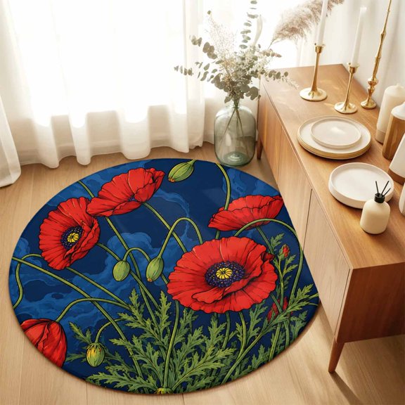 Round Rugs 3Ft, Red Flowers Round Area Rug Washable Indoor Throw Carpet, Farmhouse Botanical Blue Marble Texture Small Non Slip Circle Rug for Bedroom Living Room Home Decor Aesthetic