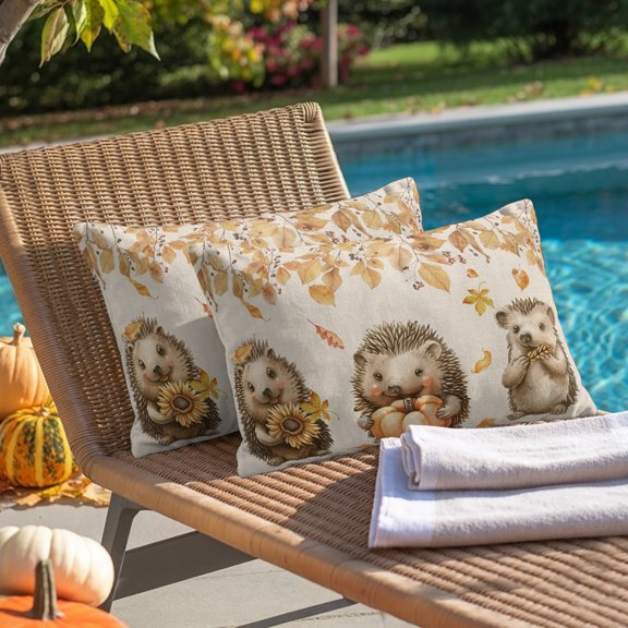 Outdoor Pillow Covers,Autumn Leaves Hedgehog Thanksgiving Pumpkin Decorative Throw Pillow Cover Waterproof Pillowcase Set of 2,Linen Cushion Case for Sofa Couch Bed 20x12 Inch,Farm Vintage Linen