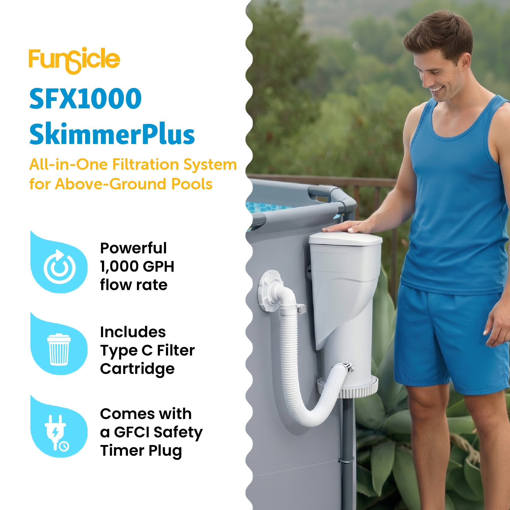 Funsicle SFX1000 SkimmerPlus Above Ground Pool Filter Pump & Cartridge, 1000 GPH, White