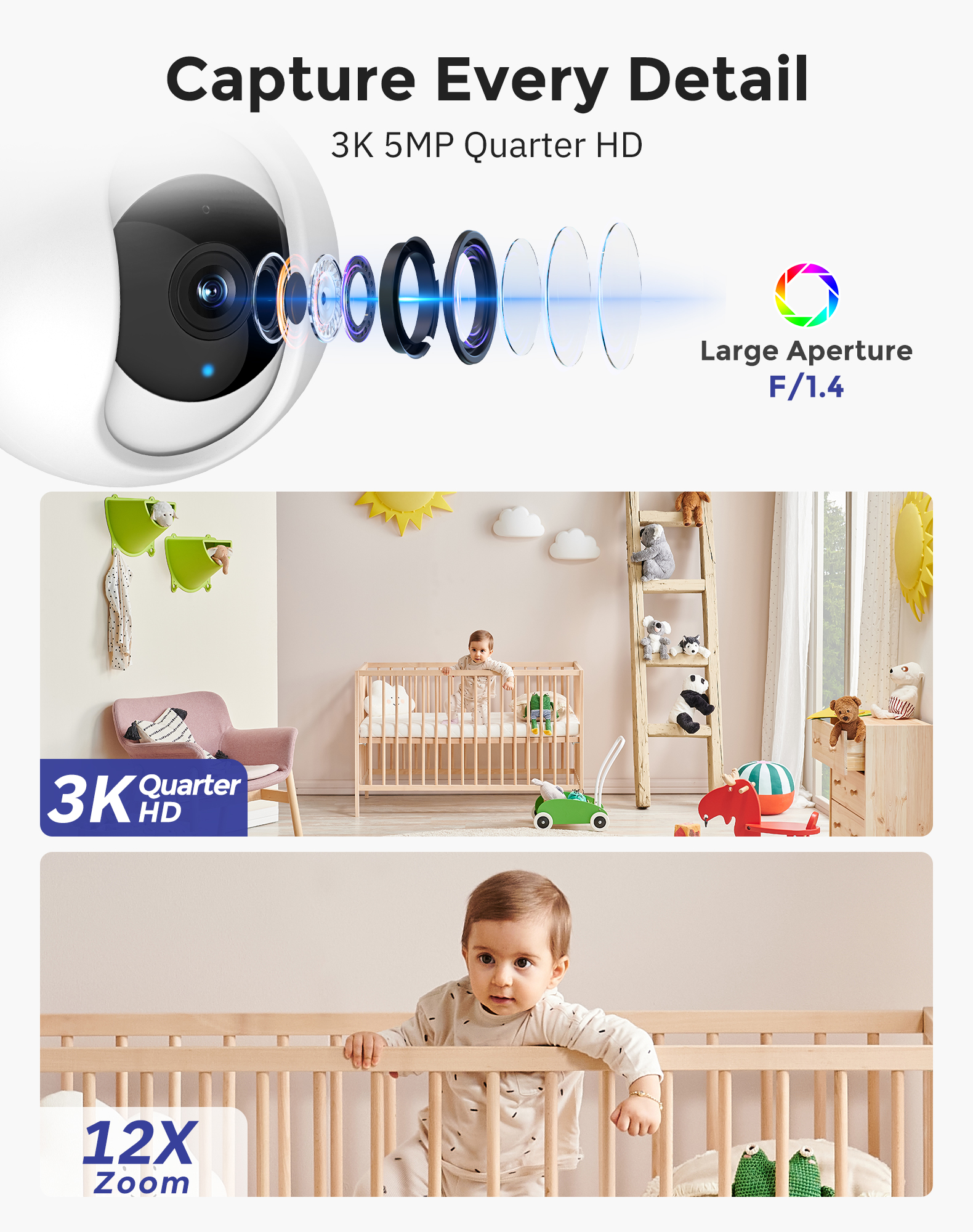 Hugolog 3K 5MP Indoor Pan/Tilt Security Camera, AI Sound Processing Ideal for Baby Monitor/Pet Camera/Home Security with 12×Zoom,Starlight Color Night Vision,Human Dectection,US Cloud,Works with Alexa