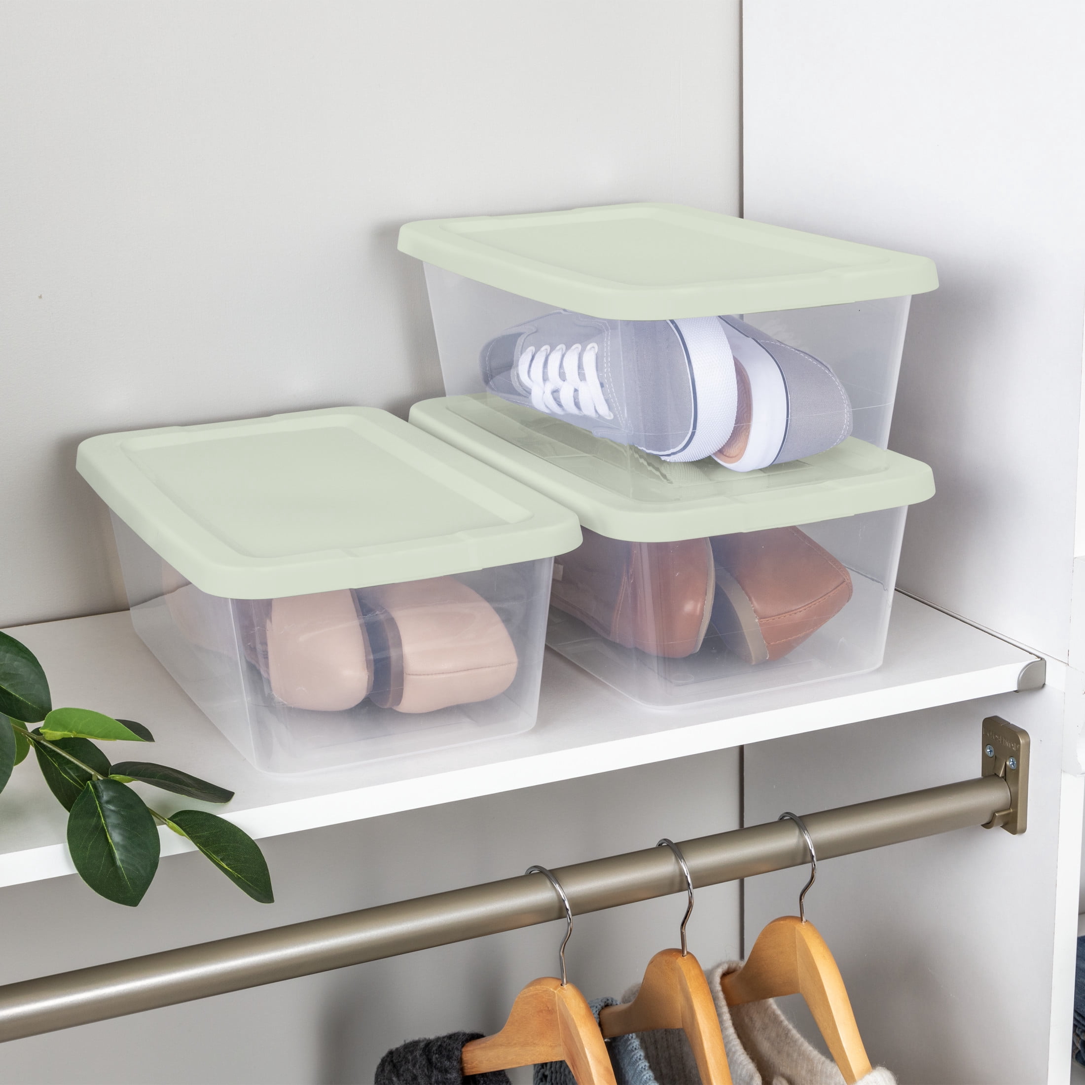 Sterilite Set of (10) 6 Quart Storage Boxes, Clear Plastic Storage Bin with Snap-on Lid, Light Green