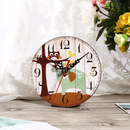YAHHU 4.7-inch Vintage Wooden Round Wall Clock (12 cm) for Home Office Decor, Quiet Non-Ticking Decorative Desk Clock, Battery Operated with Pattern #1, Rustic Retro Art Design