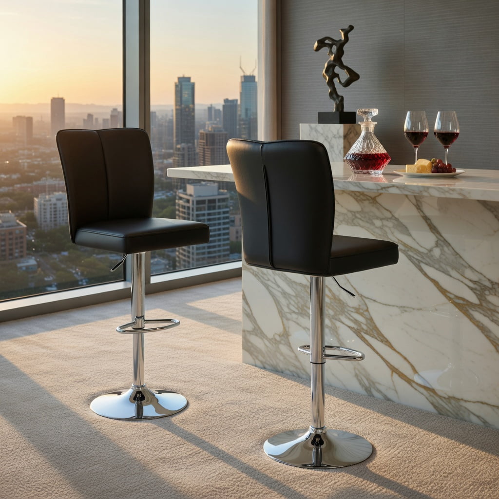 Hommoo 2-Piece Modern PU Leather Bar Stools with Adjustable Height, 360° Swivel & Trumpet Silver Metal Legs, Contemporary Kitchen, Bar & Lounge Seating, Black