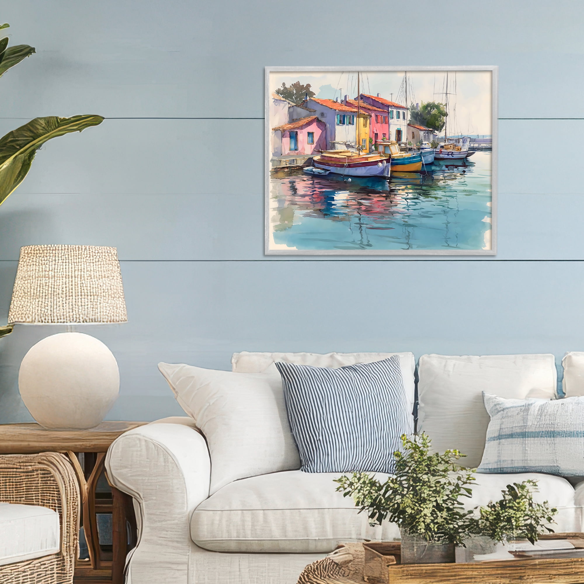 Stupell Industries Colorful Docks Harbor Gray Framed Giclee Art, design by Franklyn Gregory