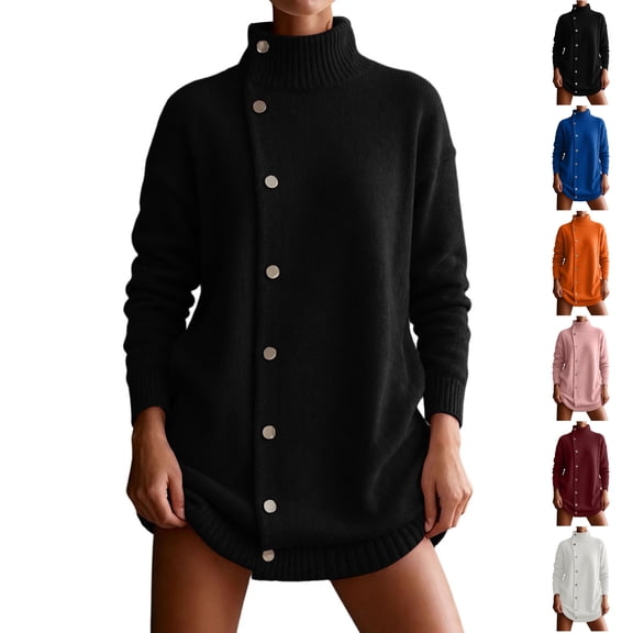TGSLY Women's Side Snap Button Down Sweater Warm Soft Turtleneck Long Sleeve Knit Cardigan Dressy Casual Solid Color Fall Winter Outerwear XXXL