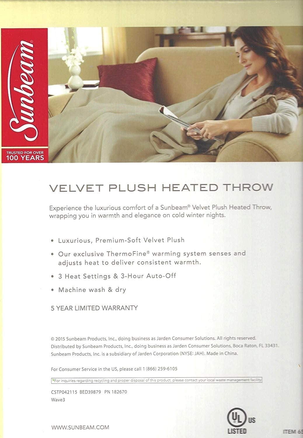 Sunbeam Premium Soft Velveteen Electric Heated Blanket, Light Gray, 50 in x 60 in