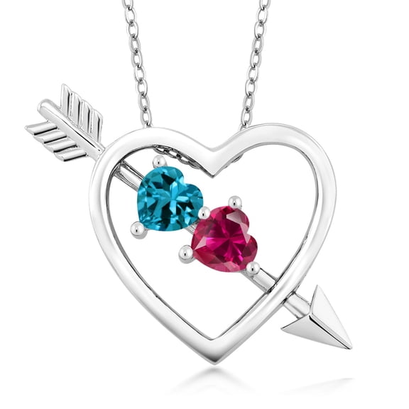 Gem Stone King 925 Sterling Silver London Blue Topaz and Red Created Ruby Heart and Arrow Pendant Necklace for Women (1.15 Cttw with 18 inch Silver Chain)