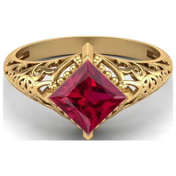 1.30 Ctw Square Ruby Synthetic Filigree 925 Sterling Silver Gold Vermeil Solitaire Valentines Day Gifts Ring