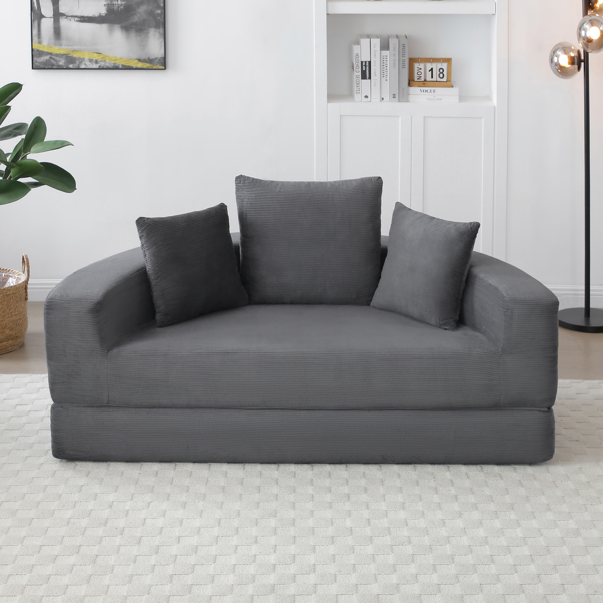 Miniyam 67" X 67" Convertible Sofa Corduroy Couch Bed For Apartment, Adjustable Futon Sofa No Assembly Compressed Sofa, Gray