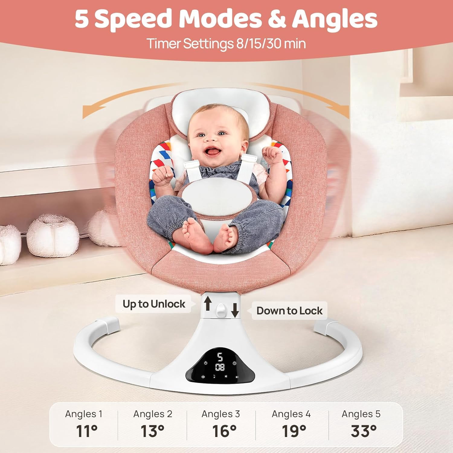 Baby Swings for Infants, Pink Infant Swing with 5 Speeds, 12 Soothing Melodies, Bluetooth & Remote Control, Portable Baby Swing for Indoor and Outdoor