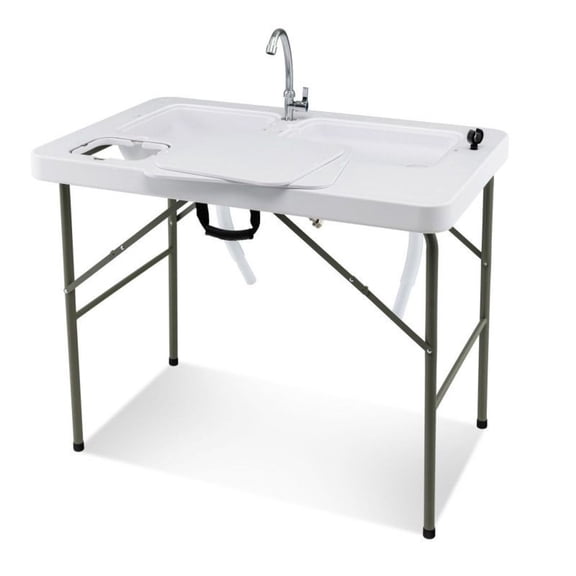FASCK Fish Cleaning Table with 2 Sinks & 360掳 Rotatable Faucet, Portable Outdoor Cleaning Station for Fishing Camping, Stainless Steel Countertop